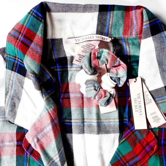 NWT Victoria Secret Flannel Pajama Set XXL 3pc Lounge White Red Green Plaid - Picture 3 of 12